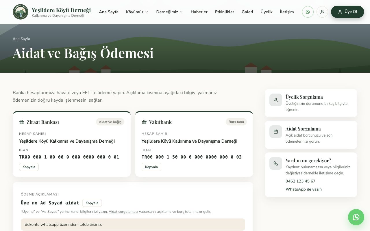 Aidat ve bağış ödeme sayfası (IBAN kopyala)